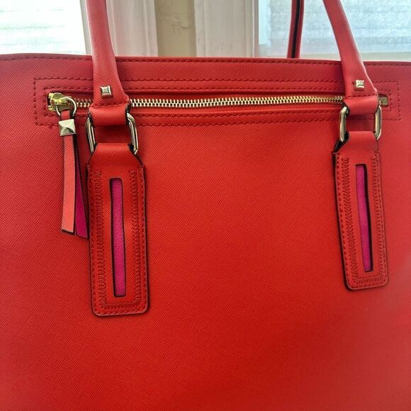 STELLA & DOT Madison Tech Red‎ Orange Pink Expandable Tote Shoulder Bag - Picture 3 of 12